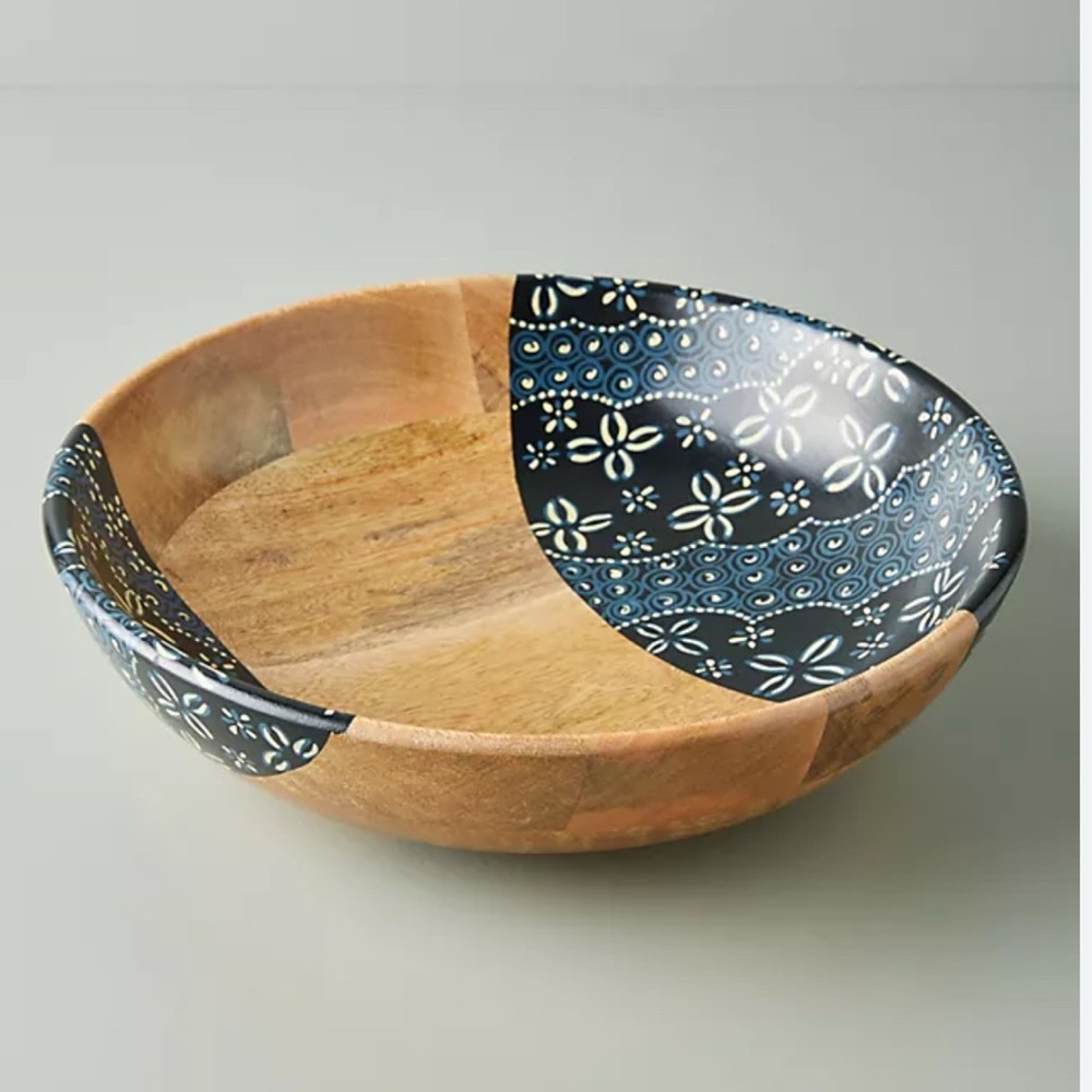 Anthropologie Navy Mariko Handpainted Wooden Serving Bowl with Pattern EUC